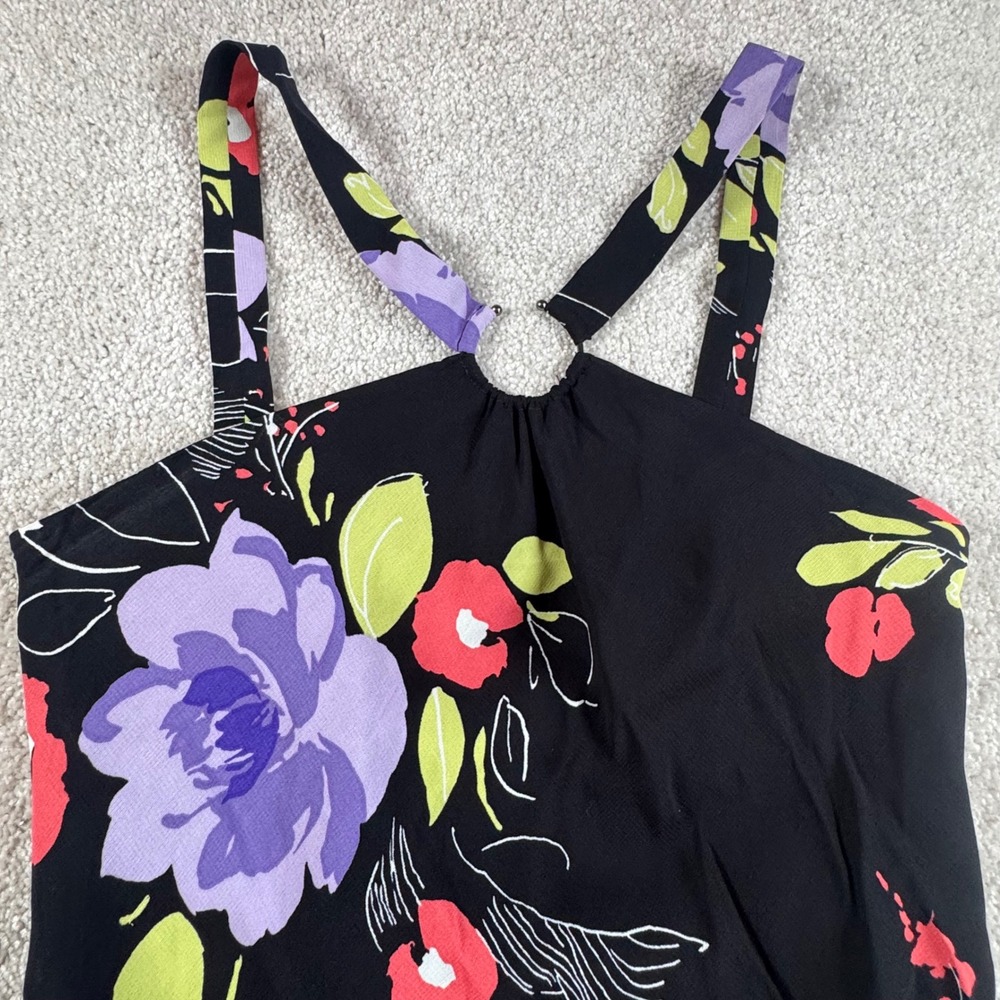 Evan Picone Petite 4P Black Floral‎ Halter Midi Dress O-Ring Viscose Rayon 54050